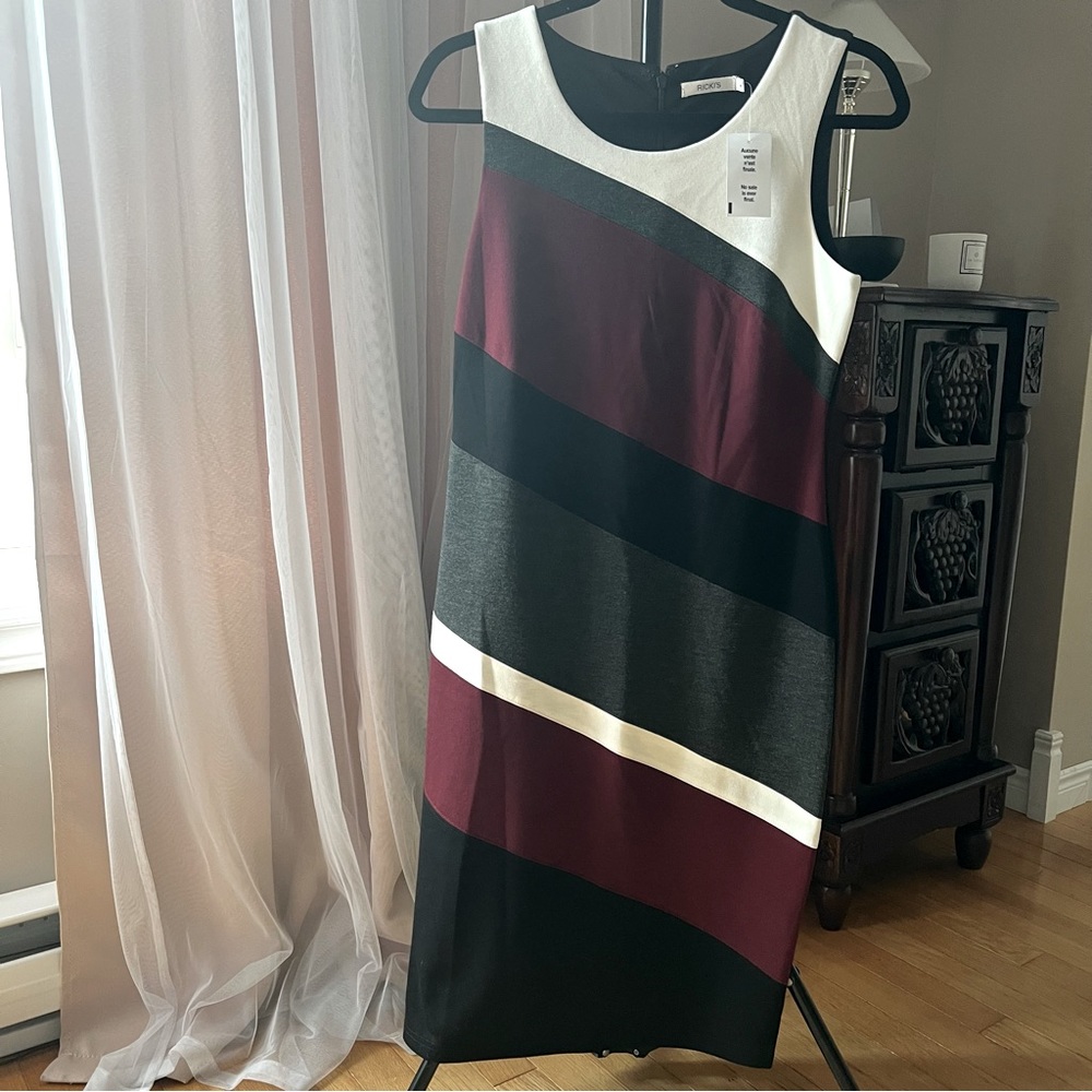 NWT Bodycon Dress in Burgundy, Ivory,  and Black Diagonal Stripe Pattern